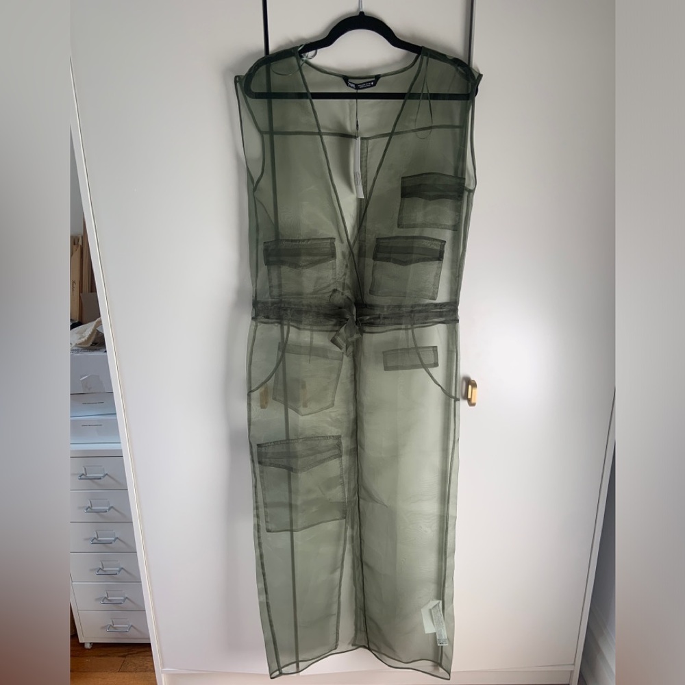 Zara Olive Green Sheer Midi Jumpsuit